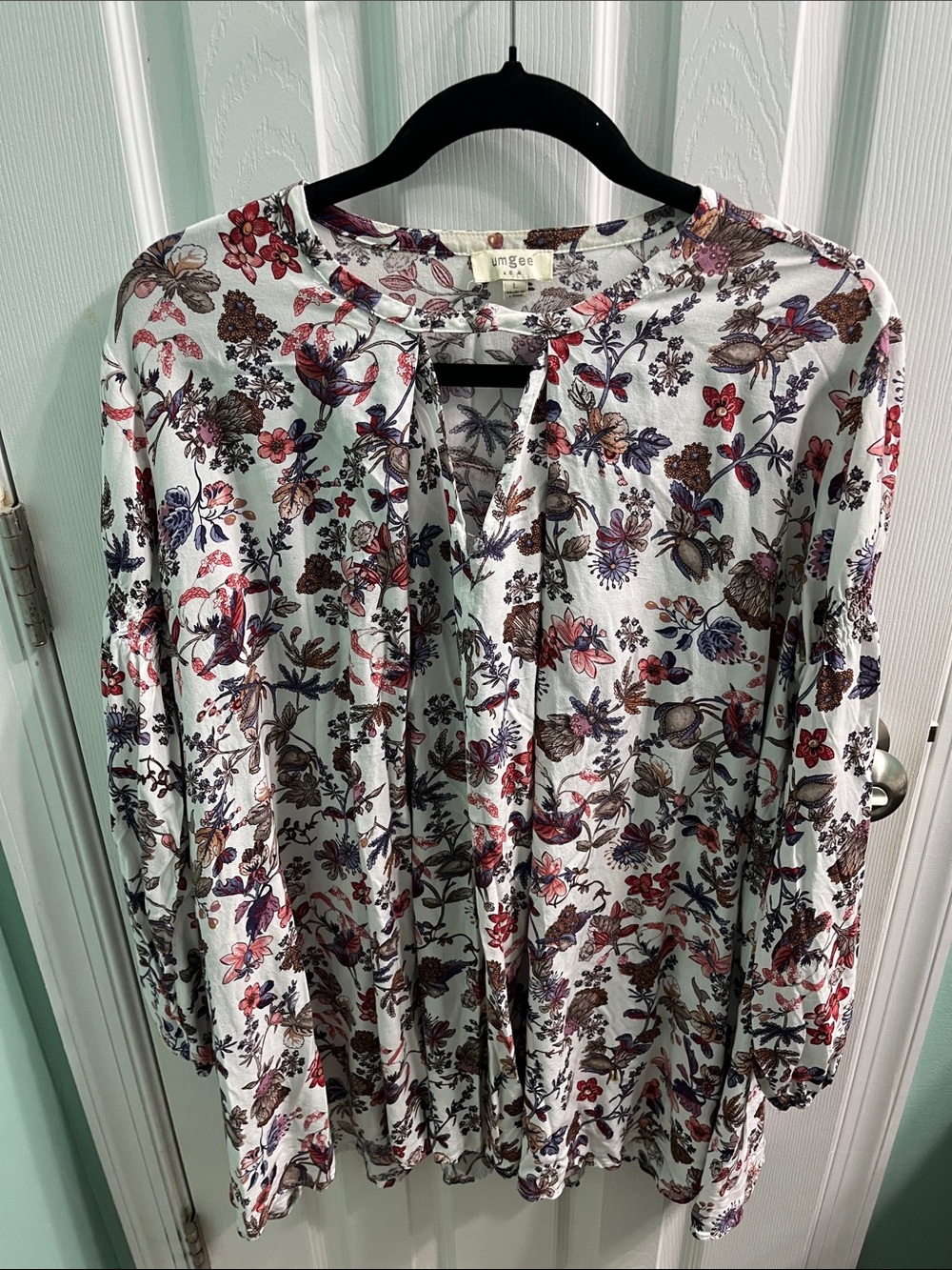 Umgee White Floral Split-Neck Blouse with Red, Purple & Brown Accents